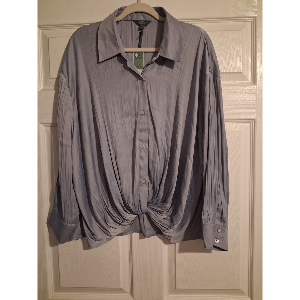 NWT Women's 1X Blue Lavender Ombre Twist Front Blouse Pleated Button Up Collared - Picture 4 of 16